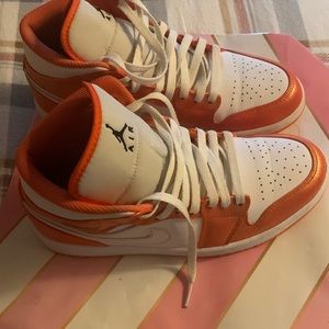 Orange and white mid Jordan 1 size 7.5 men gently worn